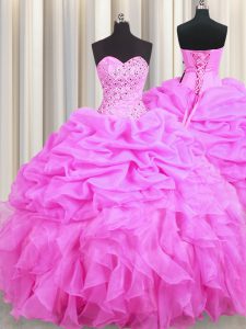 High Quality Sleeveless Organza Floor Length Lace Up Quinceanera Dresses in Rose Pink with Beading and Ruffles and Pick Ups