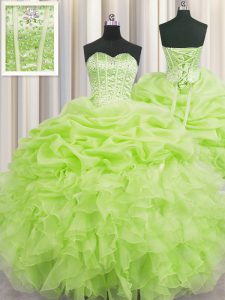 Fine Visible Boning Yellow Green Ball Gowns Beading and Ruffles and Pick Ups Sweet 16 Dresses Lace Up Organza Sleeveless Floor Length