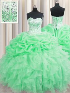 Lovely Visible Boning Sleeveless Organza Floor Length Lace Up Vestidos de Quinceanera in Apple Green with Beading and Ruffles and Pick Ups