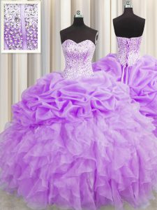 Visible Boning Sleeveless Organza Floor Length Lace Up Ball Gown Prom Dress in Purple with Beading and Ruffles and Pick Ups