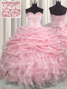 Super Pick Ups With Train Ball Gowns Sleeveless Baby Pink Quinceanera Dress Brush Train Lace Up