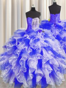 Unique Sweetheart Sleeveless Vestidos de Quinceanera Floor Length Beading and Ruffles and Ruching Blue And White Organza