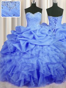 Blue Lace Up Sweetheart Beading and Ruffles and Ruching and Pick Ups Sweet 16 Quinceanera Dress Organza Sleeveless