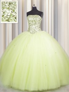 Sequins Big Puffy Light Yellow Sleeveless Tulle Lace Up 15th Birthday Dress for Military Ball and Sweet 16 and Quinceanera