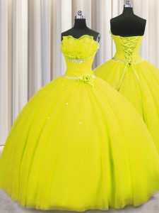 Chic Handcrafted Flower Yellow Strapless Lace Up Beading and Sequins and Hand Made Flower Quinceanera Dress Sleeveless