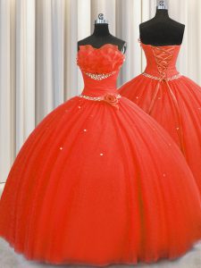Suitable Handcrafted Flower Coral Red Tulle Lace Up Sweet 16 Dresses Sleeveless Floor Length Beading and Sequins and Hand Made Flower