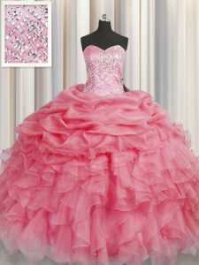 Floor Length Coral Red Quinceanera Gowns Organza Sleeveless Beading and Ruffles