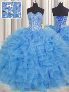 Low Price Visible Boning Baby Blue Ball Gowns Organza Sweetheart Sleeveless Beading and Ruffles and Sashes ribbons Floor Length Lace Up Quinceanera Dresses