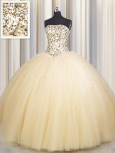 Really Puffy Gold Tulle Lace Up Strapless Sleeveless Floor Length Quinceanera Gown Beading and Sequins