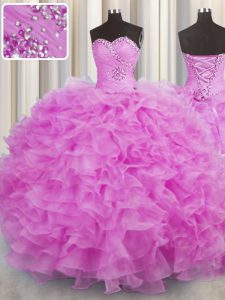 Custom Design Floor Length Lace Up Vestidos de Quinceanera Lilac for Military Ball and Sweet 16 and Quinceanera with Beading and Ruffles