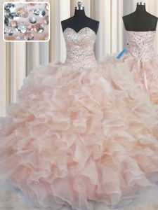 Simple Floor Length Lace Up Sweet 16 Dresses Champagne for Military Ball and Quinceanera with Beading and Ruffles
