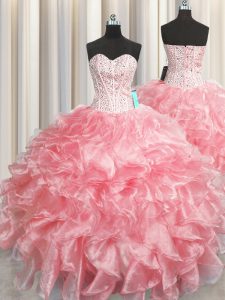 Visible Boning Zipper Up Floor Length Baby Pink Quinceanera Gowns Organza Sleeveless Beading and Ruffles