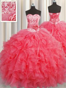 Handcrafted Flower Sleeveless Floor Length Ruffles and Hand Made Flower Lace Up 15th Birthday Dress with Coral Red