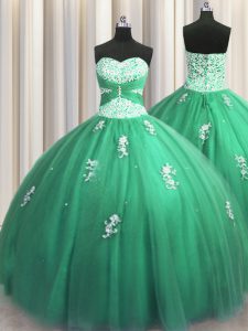 Turquoise Sleeveless Tulle Lace Up Quinceanera Dress for Military Ball and Sweet 16 and Quinceanera