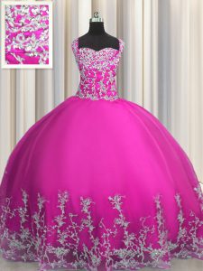 Sexy Fuchsia Straps Lace Up Beading and Appliques Quinceanera Gowns Sleeveless