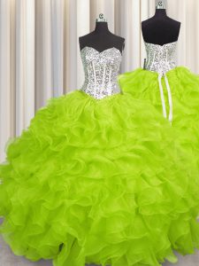 Cute Floor Length Lace Up 15th Birthday Dress Yellow Green for Military Ball and Sweet 16 and Quinceanera with Beading and Ruffles