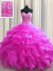 High Class Visible Boning Fuchsia Lace Up Sweetheart Beading and Ruffles Sweet 16 Dress Organza Sleeveless