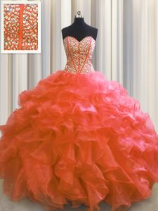 Delicate Visible Boning Red Ball Gowns Sweetheart Sleeveless Organza Floor Length Lace Up Beading and Ruffles Quinceanera Gown