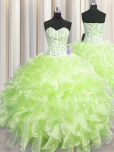 Visible Boning Floor Length Yellow Green Ball Gown Prom Dress Organza Sleeveless Beading and Ruffles