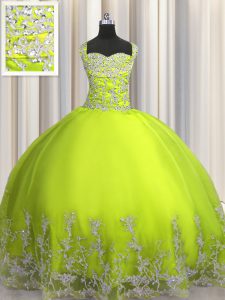 Yellow Green Ball Gowns Tulle Straps Sleeveless Beading and Appliques Floor Length Lace Up Quinceanera Dress