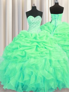 Simple Green Ball Gowns Organza Sweetheart Sleeveless Beading and Ruffles and Pick Ups Floor Length Lace Up Sweet 16 Dress