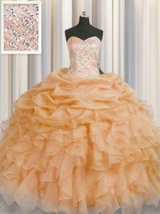 Gold Ball Gowns Sweetheart Sleeveless Organza Floor Length Lace Up Beading and Ruffles Quinceanera Dresses