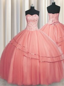 Fabulous Visible Boning Puffy Skirt Watermelon Red Ball Gowns Beading Ball Gown Prom Dress Lace Up Tulle Sleeveless Floor Length