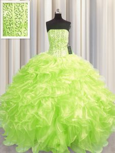 Artistic Visible Boning Floor Length Lace Up Quince Ball Gowns Yellow Green for Military Ball and Sweet 16 and Quinceanera with Beading and Ruffles