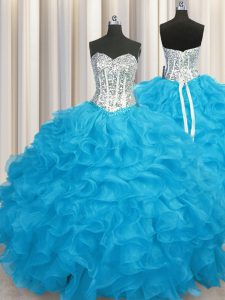 Artistic Beading and Ruffles Quinceanera Dress Aqua Blue Lace Up Long Sleeves Floor Length