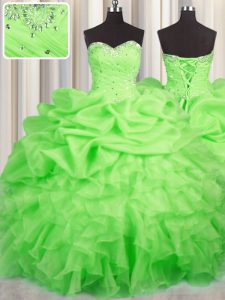 Pretty Lace Up Sweetheart Beading and Ruffles and Ruching and Pick Ups Ball Gown Prom Dress Organza Sleeveless