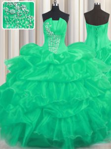 Designer Turquoise Ball Gowns Organza Strapless Sleeveless Beading and Ruffled Layers and Pick Ups Floor Length Lace Up Quinceanera Gowns