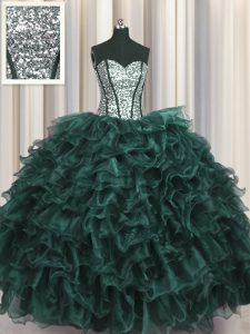 Visible Boning Sleeveless Lace Up Floor Length Ruffles and Sequins 15th Birthday Dress