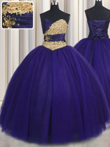 Top Selling Royal Blue Tulle Lace Up Sweet 16 Dress Sleeveless Floor Length Beading and Appliques