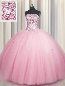 Lovely Big Puffy Floor Length Lace Up Sweet 16 Dress Pink for Military Ball and Sweet 16 and Quinceanera with Sequins