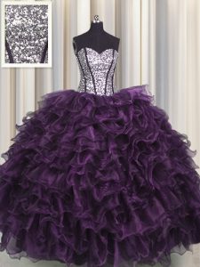 Visible Boning Organza and Sequined Sleeveless Floor Length Sweet 16 Dresses and Ruffles and Sequins