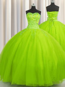 Cute Big Puffy Sleeveless Floor Length Beading Lace Up Quinceanera Gowns