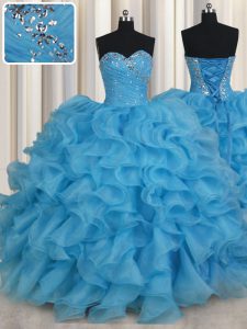 Floor Length Lace Up Sweet 16 Quinceanera Dress Baby Blue for Military Ball and Sweet 16 and Quinceanera with Beading and Ruffles