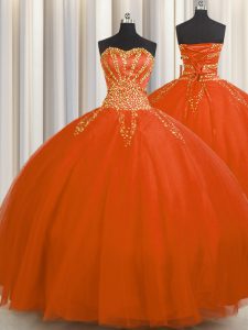 Really Puffy Floor Length Red Sweet 16 Dresses Tulle Sleeveless Beading