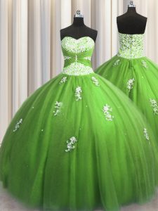 Tulle Sweetheart Sleeveless Lace Up Beading and Appliques 15 Quinceanera Dress in Green