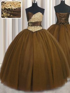 Chic Brown Sweetheart Neckline Beading and Appliques and Ruching and Belt Quinceanera Gown Sleeveless Lace Up