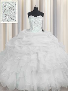 Flirting White Ball Gowns Organza Sweetheart Sleeveless Beading and Ruffles Floor Length Lace Up Vestidos de Quinceanera
