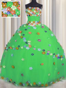Artistic Tulle Sleeveless Floor Length Sweet 16 Dress and Hand Made Flower