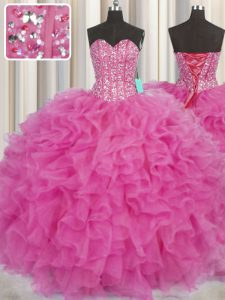 Latest Visible Boning Sleeveless Floor Length Beading and Ruffles Lace Up Quinceanera Dress with Hot Pink