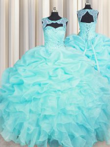 Simple Aqua Blue Organza Lace Up Scoop Sleeveless Floor Length Ball Gown Prom Dress Beading and Pick Ups