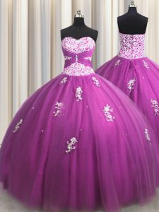 Noble Fuchsia Ball Gowns Tulle Sweetheart Sleeveless Beading and Appliques Floor Length Lace Up Sweet 16 Dresses