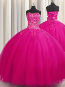 Glamorous Big Puffy Fuchsia Lace Up Quinceanera Gowns Beading Sleeveless Floor Length
