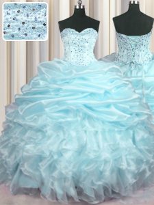 Light Blue Ball Gowns Organza Sweetheart Sleeveless Beading and Ruffles and Pick Ups With Train Lace Up Ball Gown Prom Dress Brush Train
