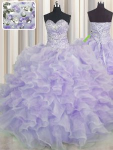 Nice Lavender Sweetheart Neckline Beading and Ruffles Quinceanera Dress Sleeveless Lace Up