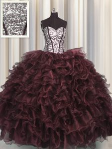 On Sale Visible Boning Sweetheart Sleeveless Quinceanera Gown Floor Length Ruffles and Sequins Brown Organza and Sequined