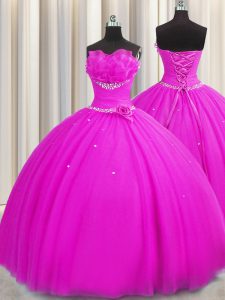 Handcrafted Flower Fuchsia Strapless Neckline Beading and Sequins and Hand Made Flower 15 Quinceanera Dress Sleeveless Lace Up
